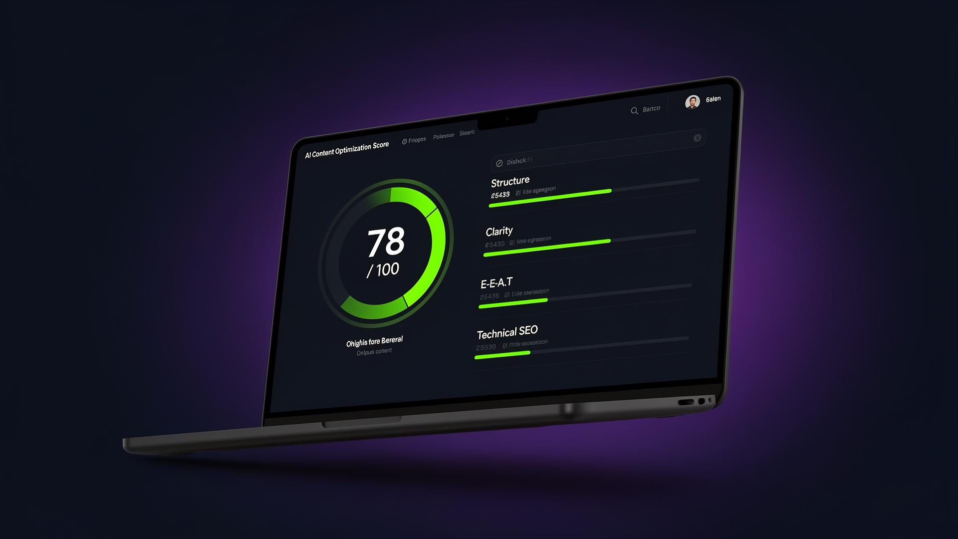 AIOptima dashboard showing AI content optimization score of 78 out of 100 with sub-scores for Structure, Clarity, E-E-A-T, and Technical SEO